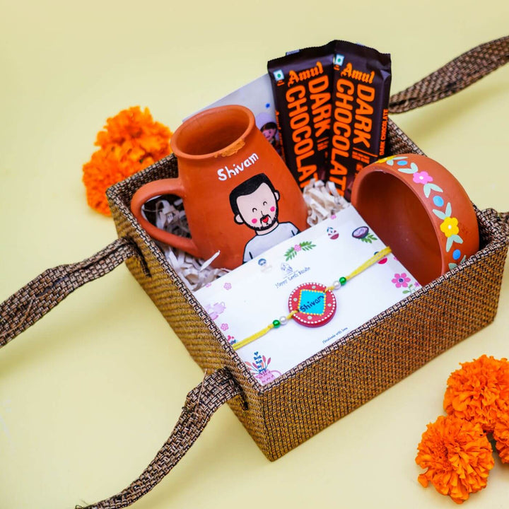 Personalized Terracotta Rakhi Hamper With Caricature 2 - Gift Set Styled Display