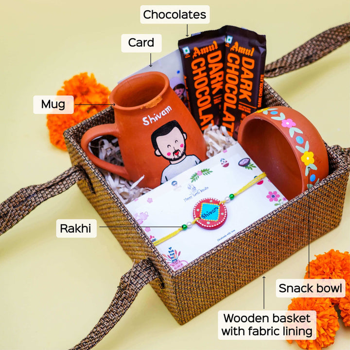 Personalized Terracotta Rakhi Hamper With Caricature 2 - Gift Set with Labels
