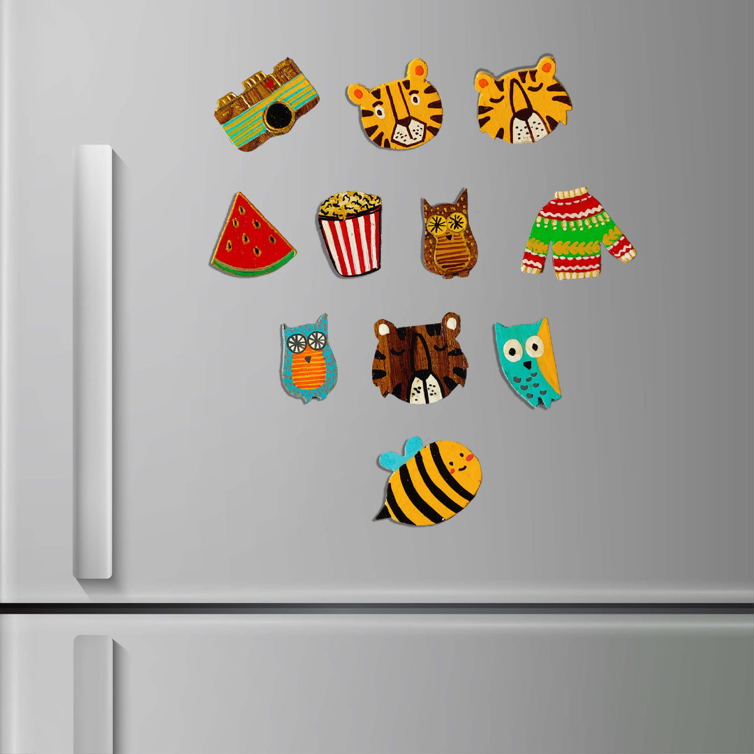 Handpainted Quirky Wooden Rakhi With Roli Chawal 9 - Magnets Displayed on Refrigerator