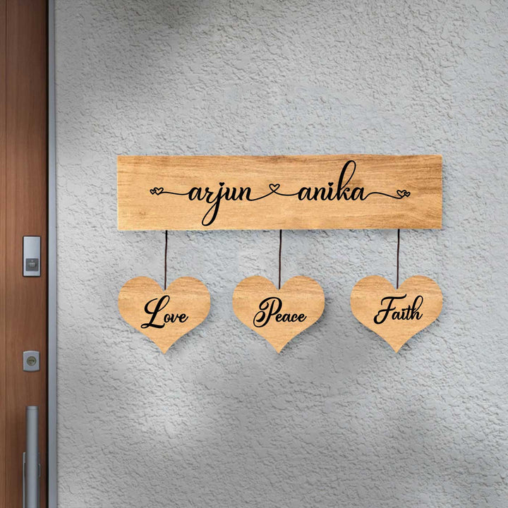 Minimalist 3D Wooden Nameplate For Family 3 - Mounted on Wall with Hanging Hearts