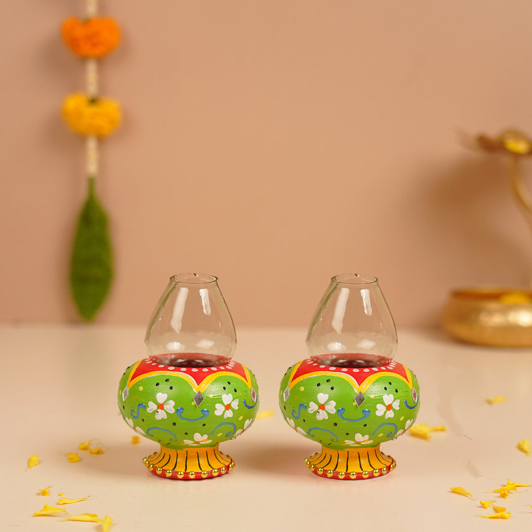 Hand-Painted Decorative Floral Terracotta Oil Lamp / Diya
