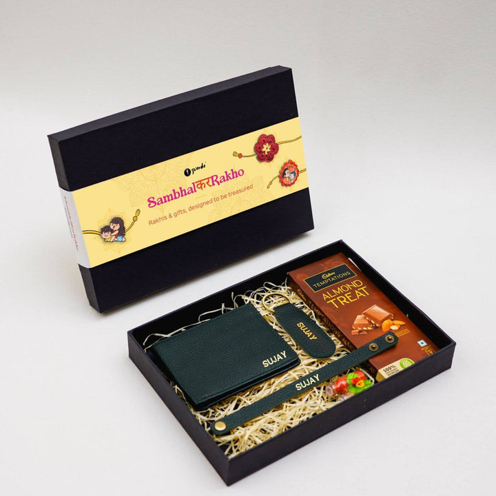 Personalised Rakhi Hamper With Genuine Leather Accessories - Gift Box Dark Green Edition