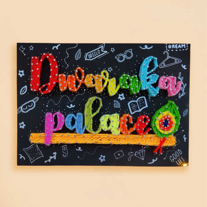Personalized String Art Flute Theme Mdf Wood Name Plate - Front View with String Art Close-up