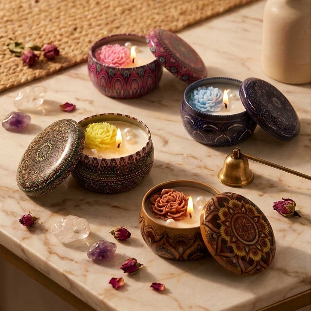 Set Of 4 | Handmade Mandala Design Tin Soy Wax Scented Candle