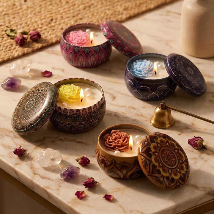 Set Of 4 | Handmade Mandala Design Tin Soy Wax Scented Candle