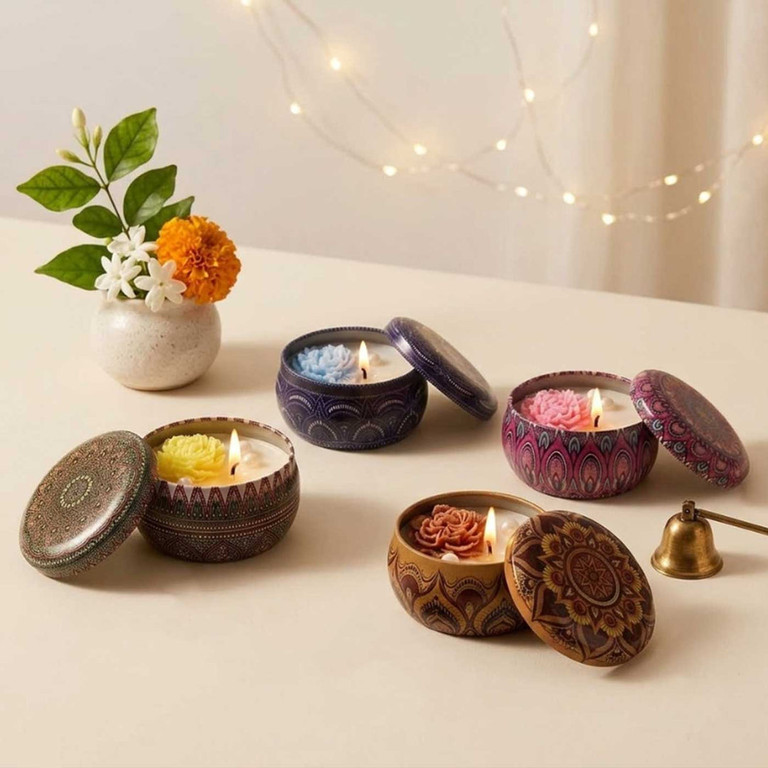 Set Of 4 | Handmade Mandala Design Tin Soy Wax Scented Candle