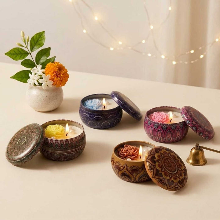 Set Of 4 | Handmade Mandala Design Tin Soy Wax Scented Candle