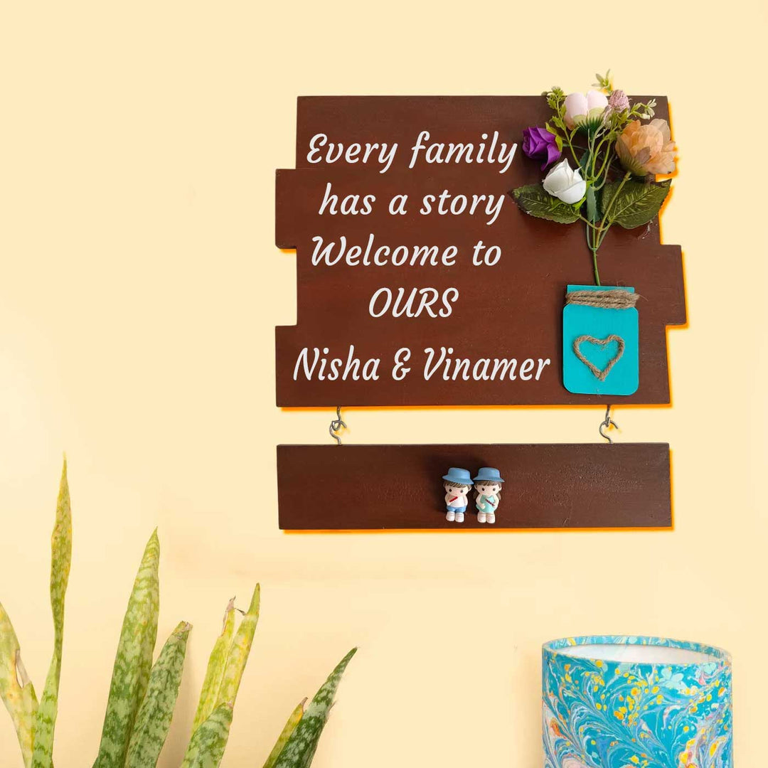 Personalized Hand-Painted Floral Theme Wooden Name Plate For Couples