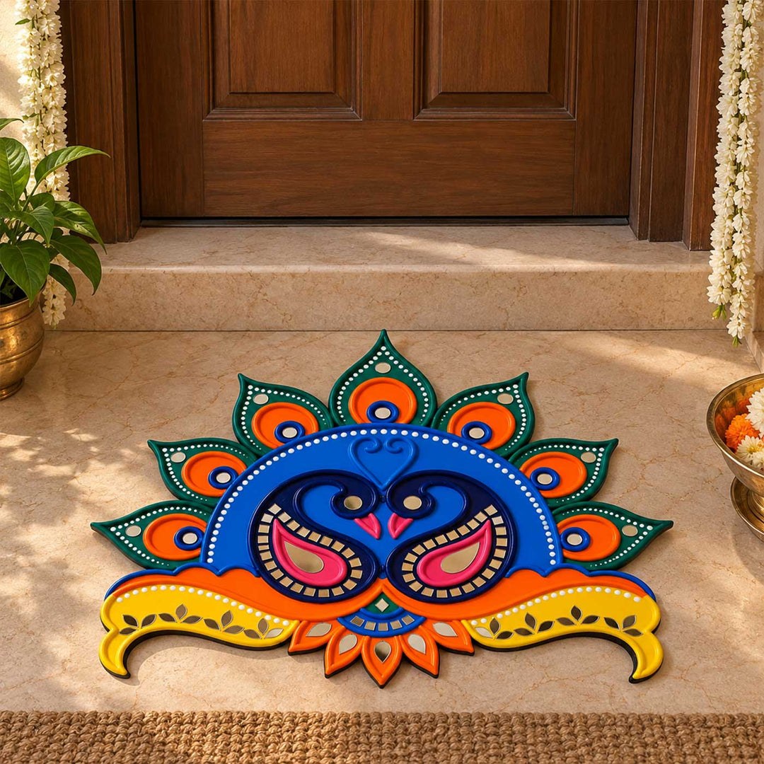 9 Inch Reusable Handcrafted Mayur Jodi Twin Peacock Lippan Art MDF Rangoli for Festive Decor