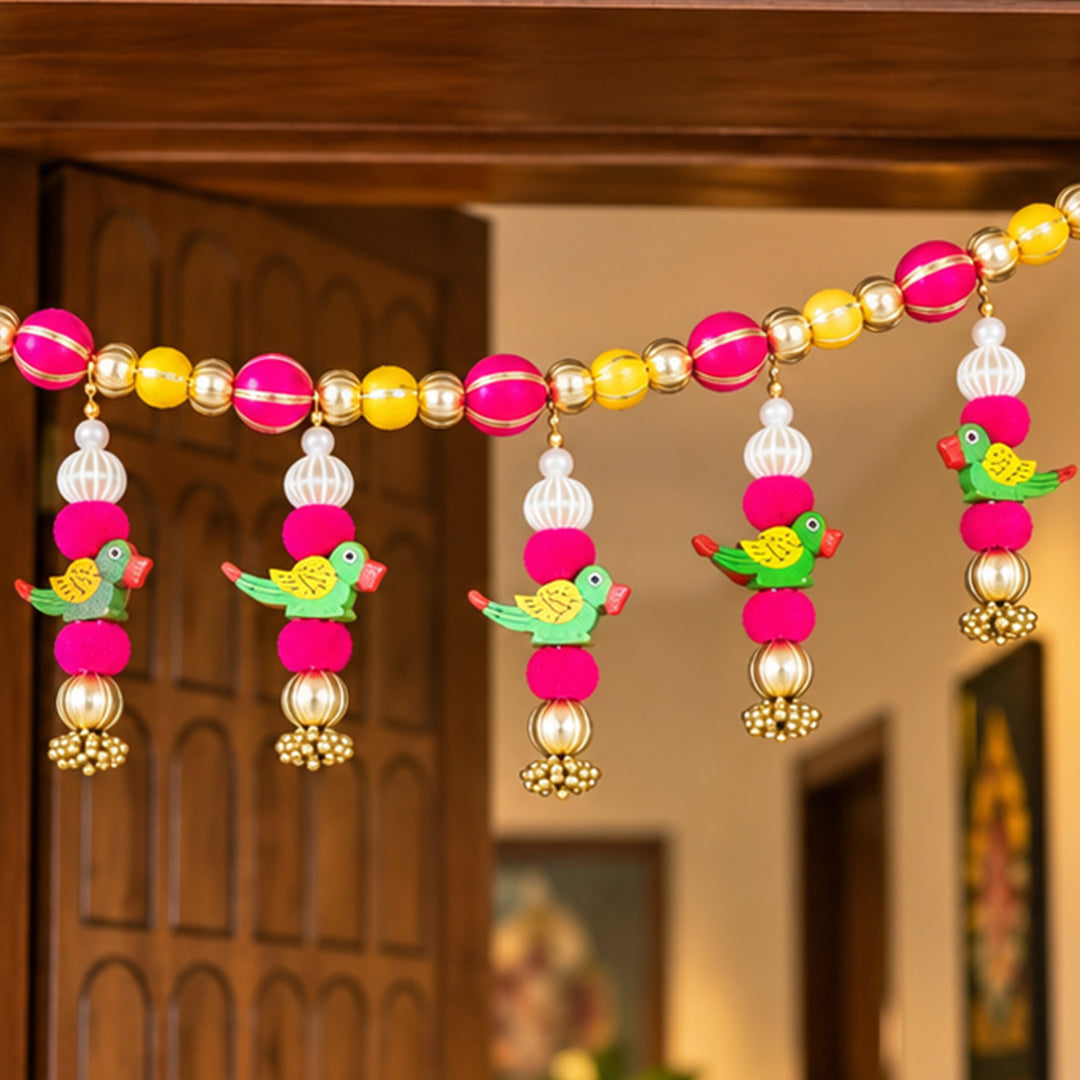 42 In | Handmade Thread Work Peacock Toran with Pom Pom Balls & Beads