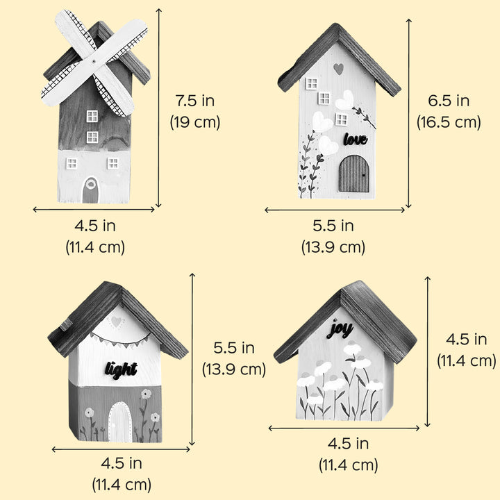 4 pc | Joy, Love & Light Handcrafted Miniature Wooden Houses