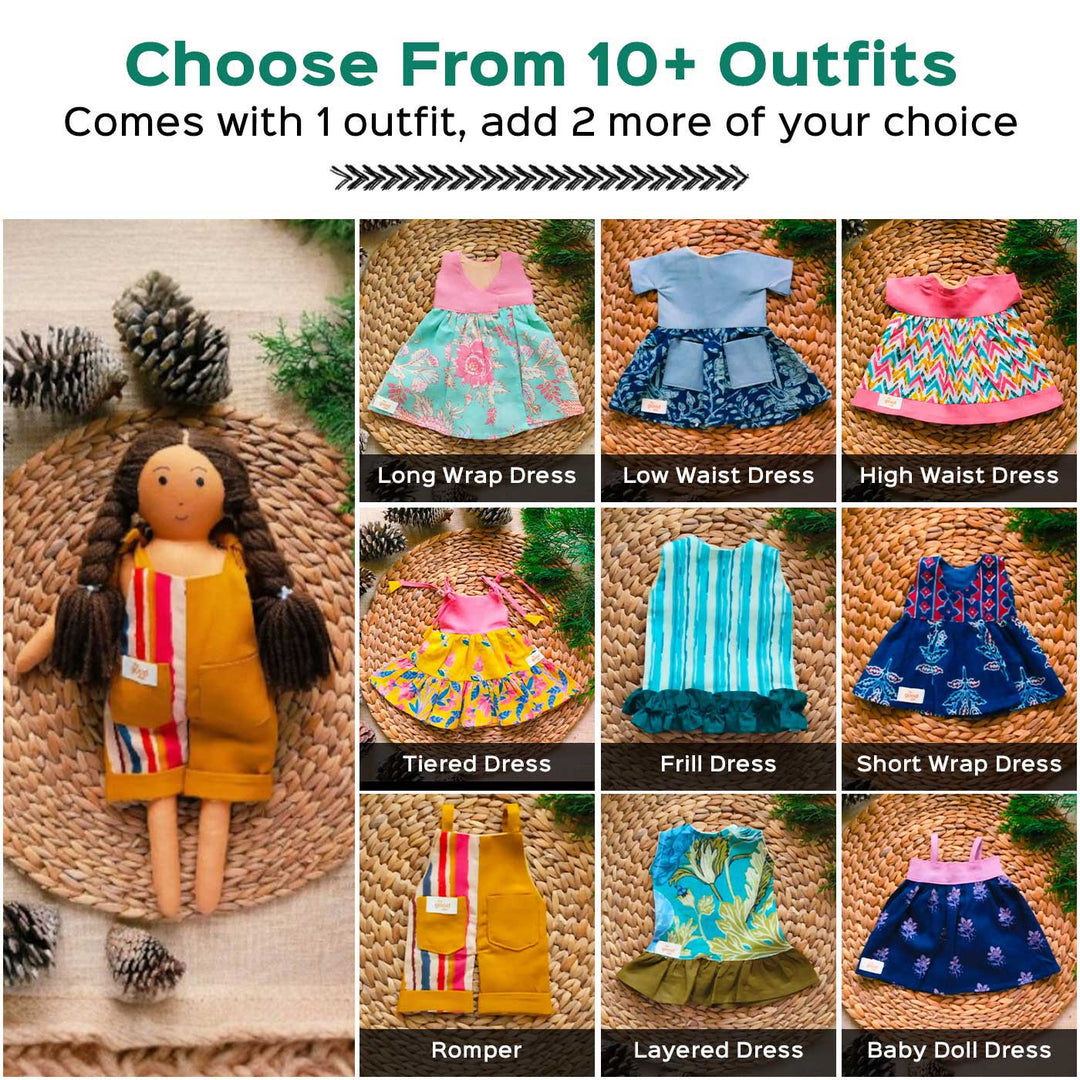 Nilah in Romper With Changeable Outfits | Soft Hand-Stitched Sustainable Indian Play Doll