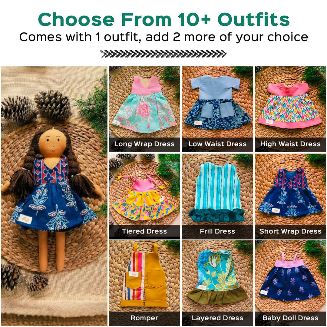 Nilah in Short Wrap Dress With Changeable Outfits | Soft Hand-Stitched Sustainable Indian Play Doll
