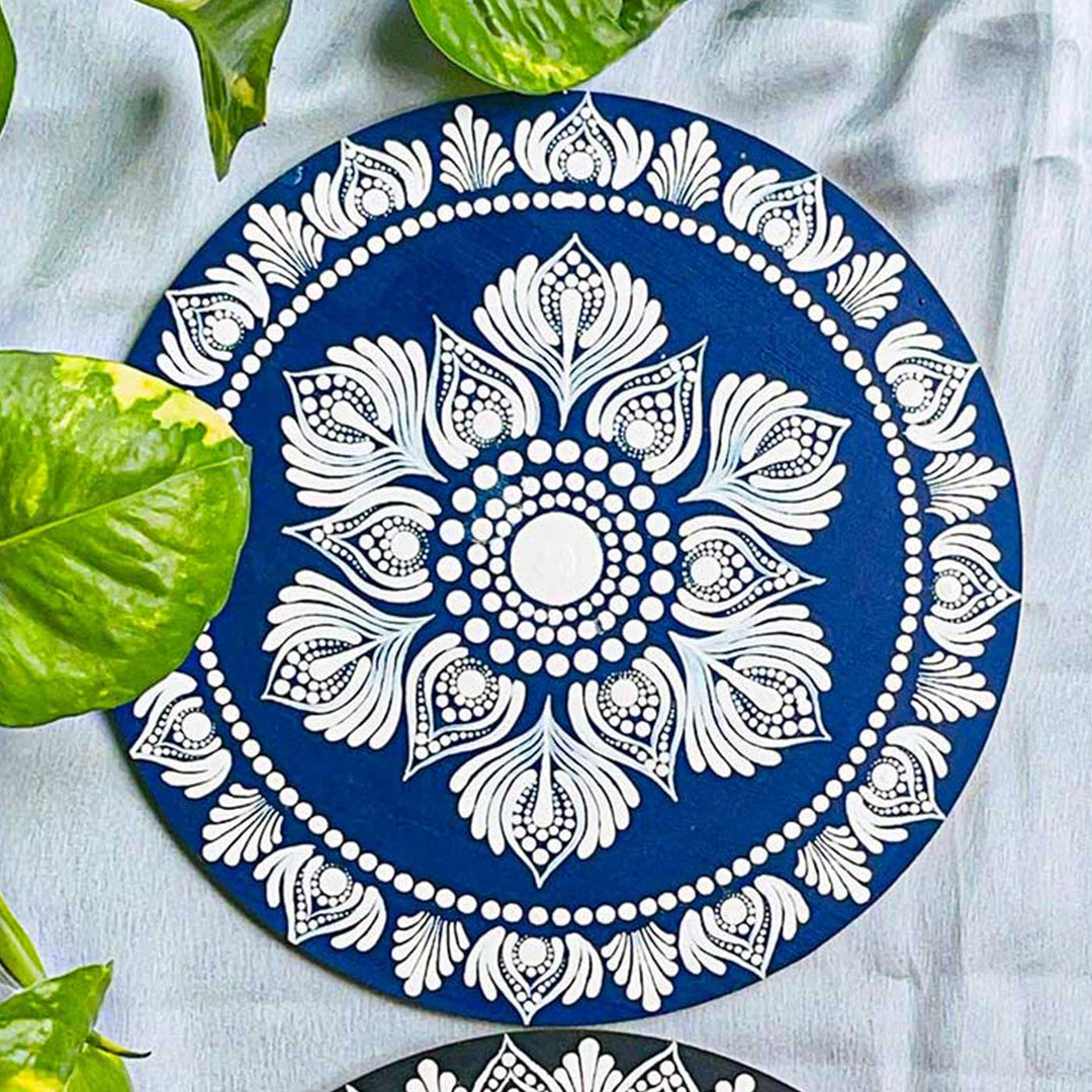 Hand-Painted Dot Mandala Dark Blue & White Mdf Wood Wall Plate