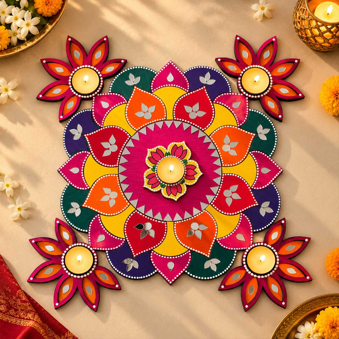 15 Inch | Reusable Gulabi Pushpa Mirror Work Floral Mandala MDF Rangoli with Optional Tealight Holders