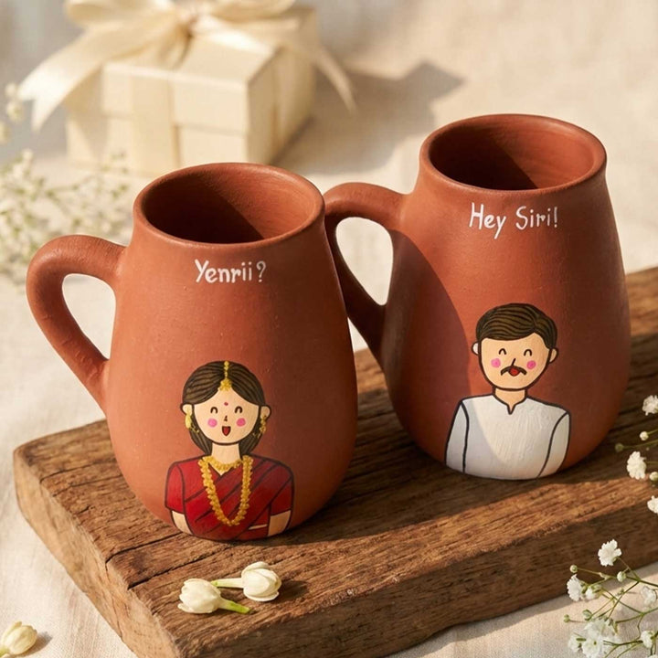 2 Pc | Andhra Couple Personalized Handpainted Terracotta Mug | 450 ml