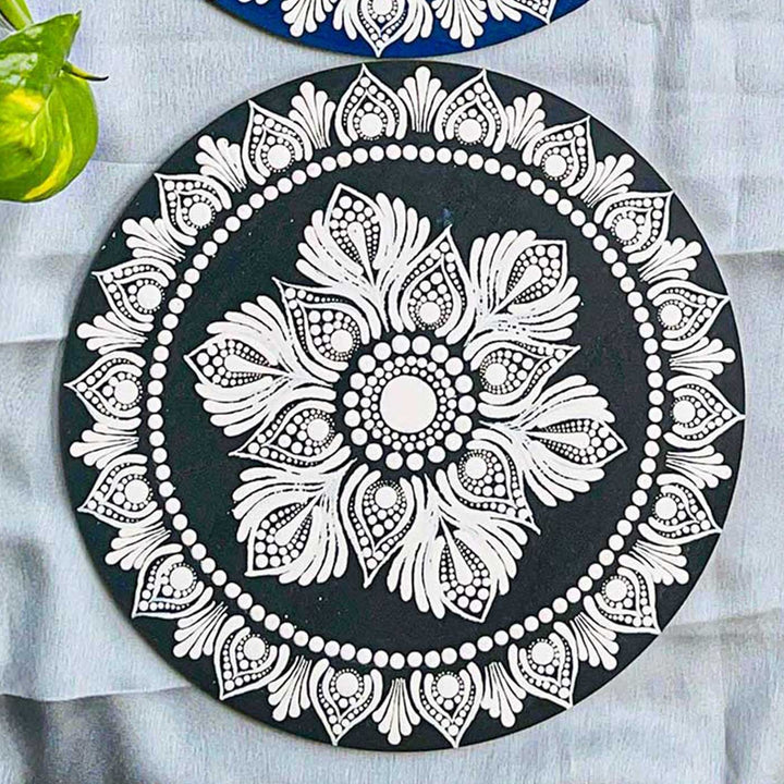 Hand-Painted Dot Mandala Dark Blue & White Mdf Wood Wall Plate