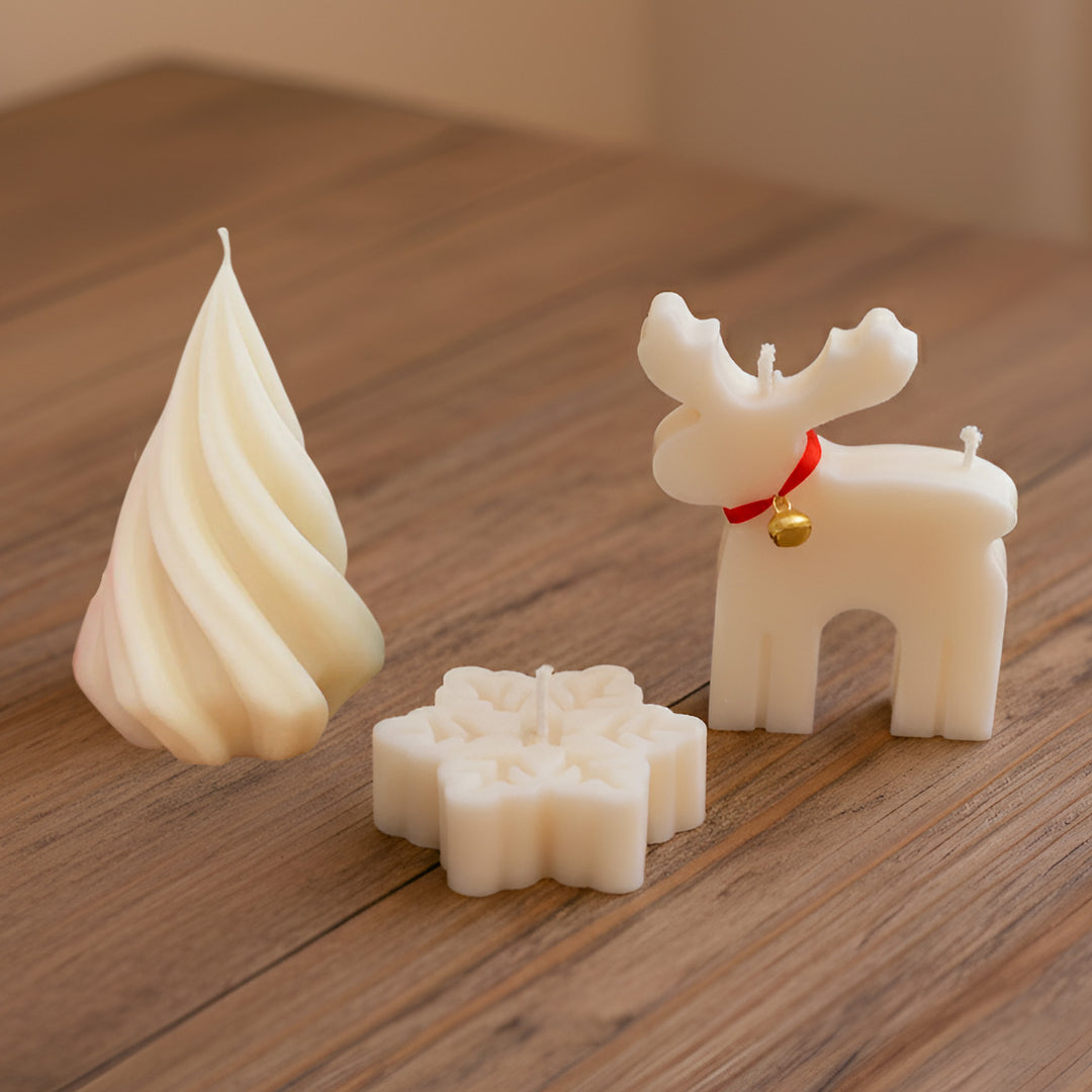 3 Pc | Handmade Swirl Tree, Reindeer & Snowflake Soy Wax Candles
