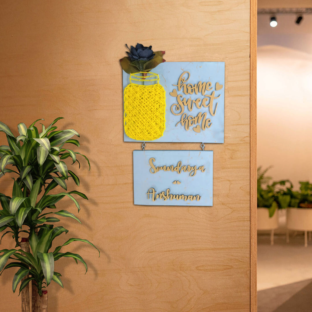 Home Sweet Home Mason Jar String Art Personalised Name Plate 4 - Mounted on Wood Wall Display