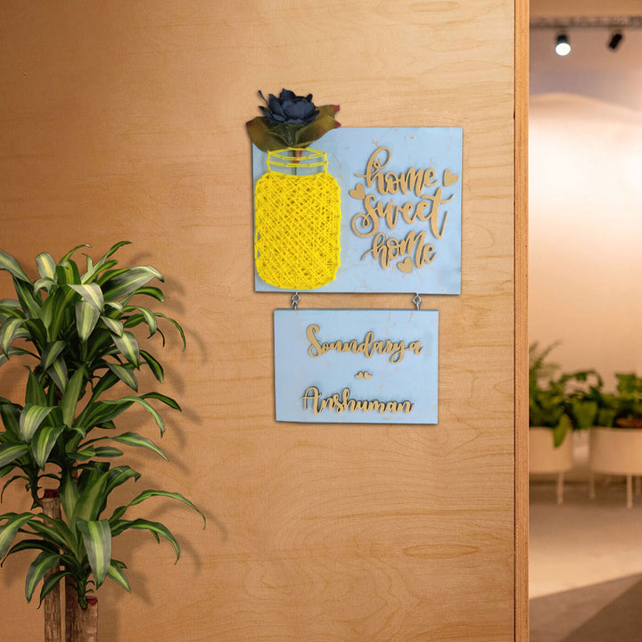 Home Sweet Home Mason Jar String Art Personalised Name Plate 4 - Mounted on Wood Wall Display