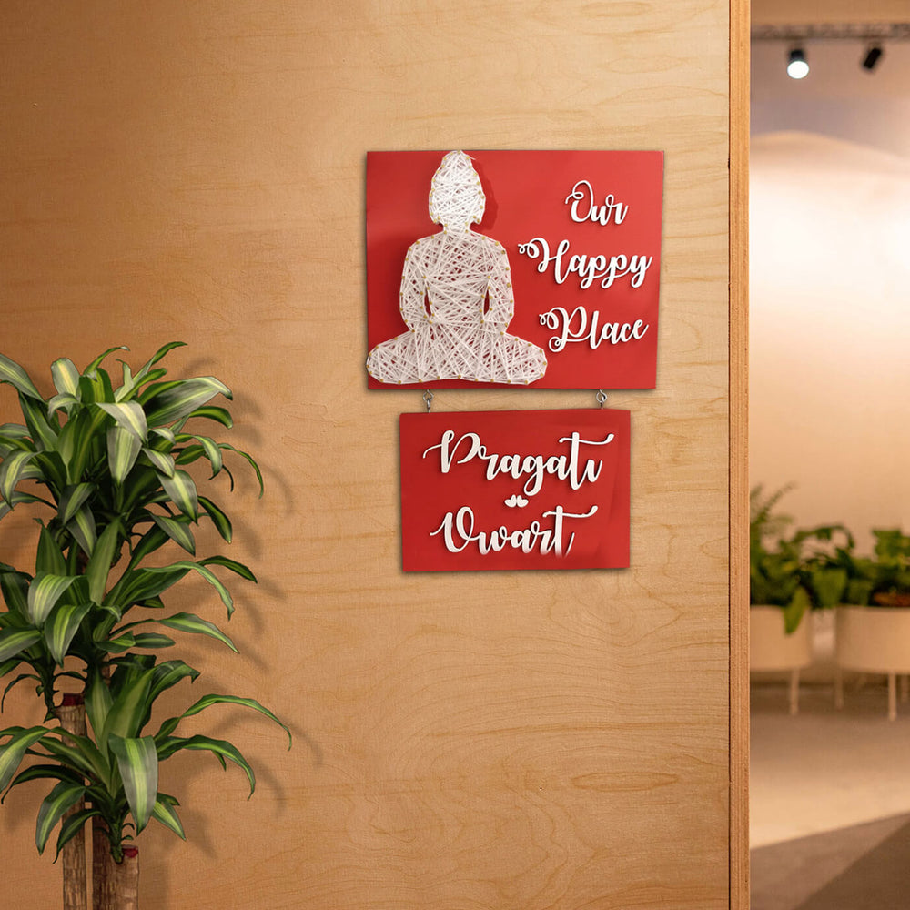 Our Happy Place Buddha Mason Jar String Art Personalised Name Plate - Mounted on Wooden Wall Panels