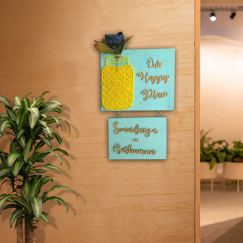 Our Happy Place Mason Jar String Art Personalised Name Plate 2 - Mounted on Wooden Wall Display