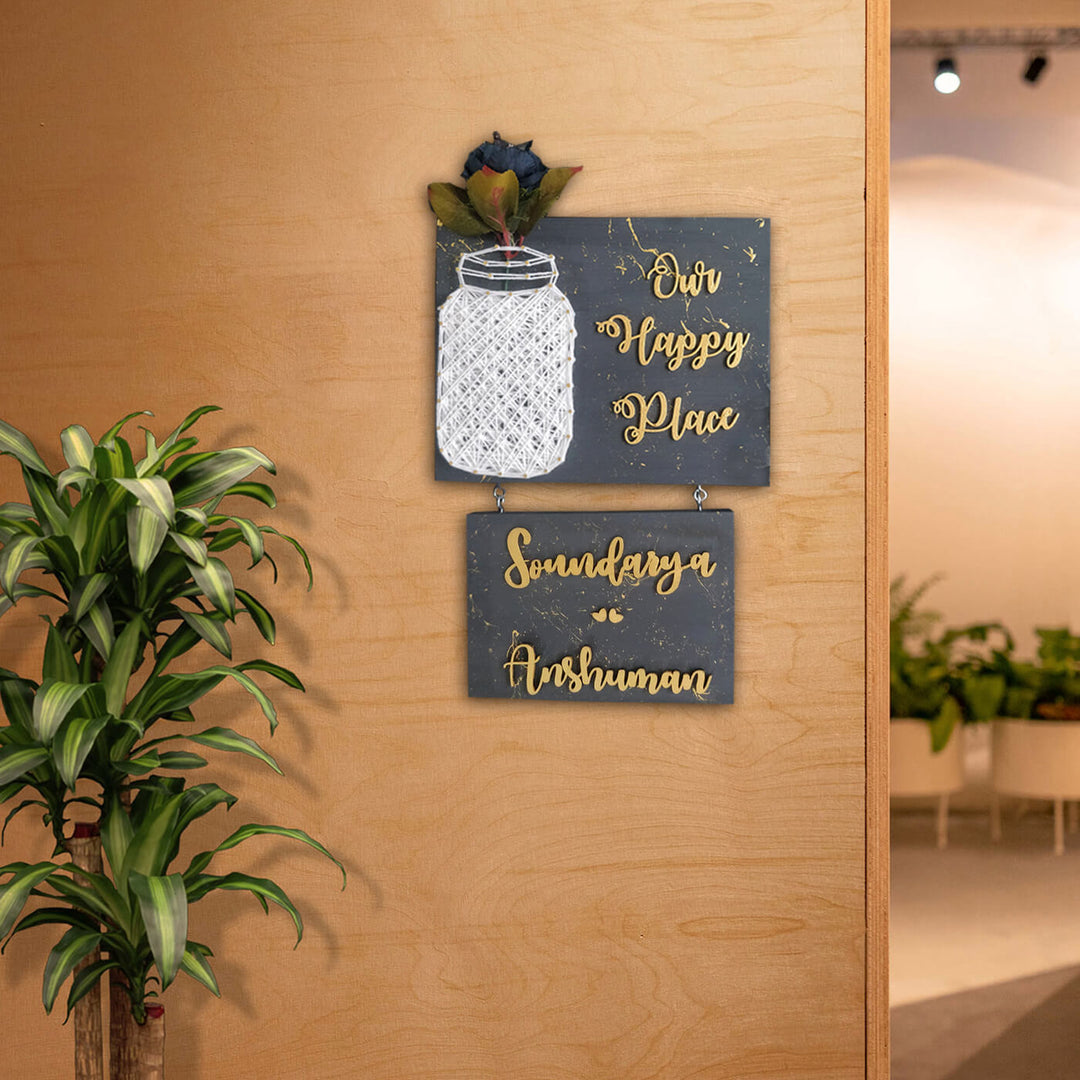 Our Happy Place Mason Jar String Art Personalised Name Plate 5 - Mounted on Wall with Hooks