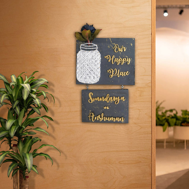 Our Happy Place Mason Jar String Art Personalised Name Plate 5 - Mounted on Wall with Hooks