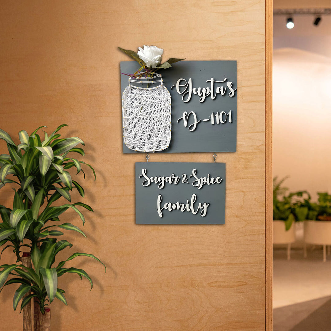 Sugar Spice Family Mason Jar String Art Personalised Name Plate - Mounted on Entryway Wall