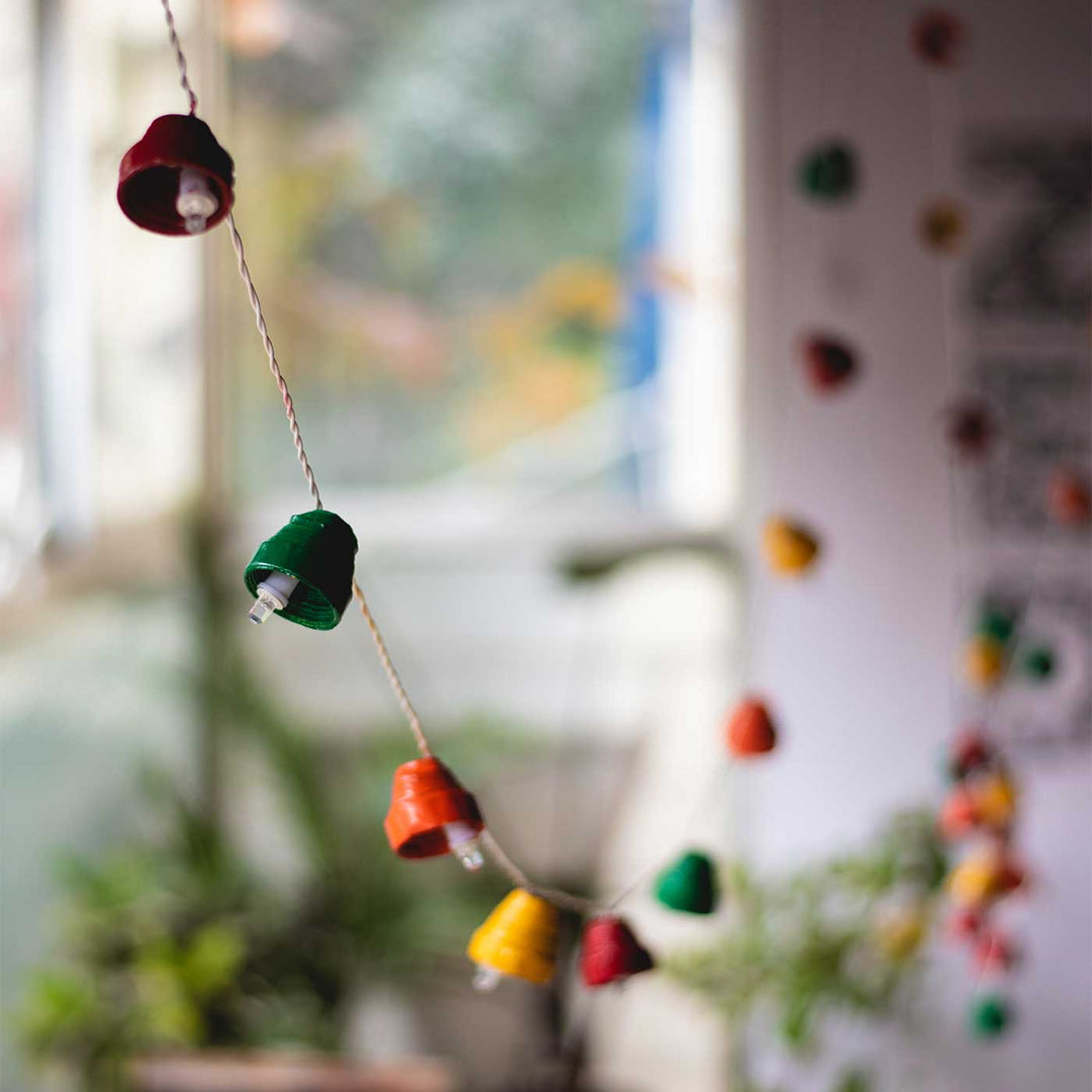 9m, 49 Bulbs | Upcycled Newspaper Indian LED Fairy Lights - Pink & Green