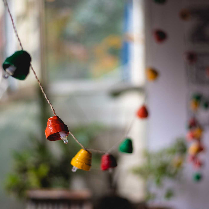 9m, 49 Bulbs | Upcycled Newspaper Indian LED Fairy Lights - Pink & Green