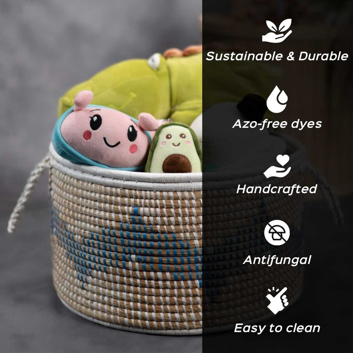 Handmade Ecofriendly Grass Woven White Base Moonj Storage Basket