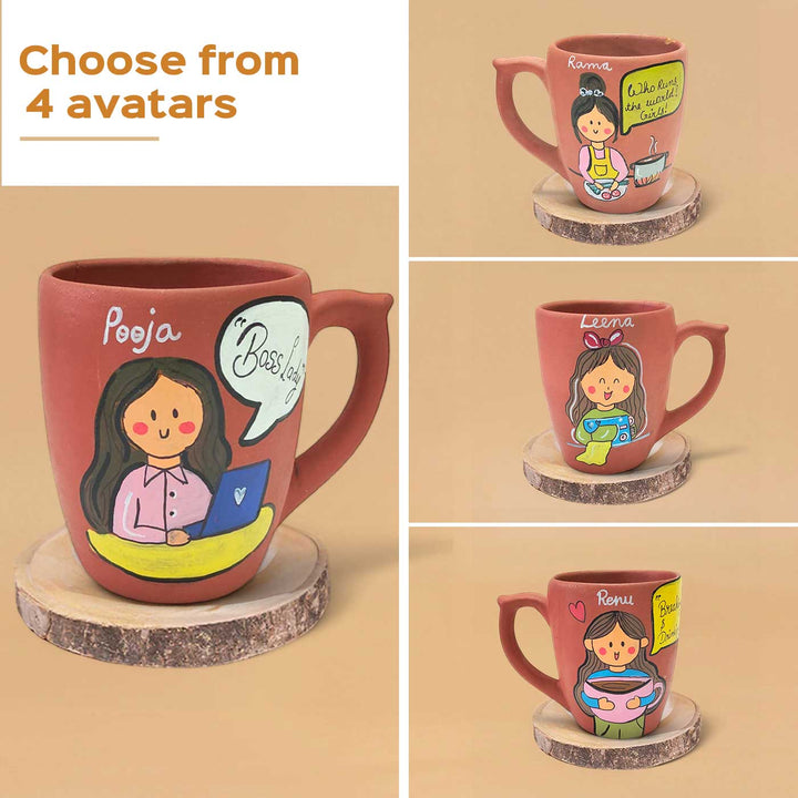 Handpainted Personalised 3D Terracotta Mug with Tea/Coffee Lover Avatar Illustrations and Quote