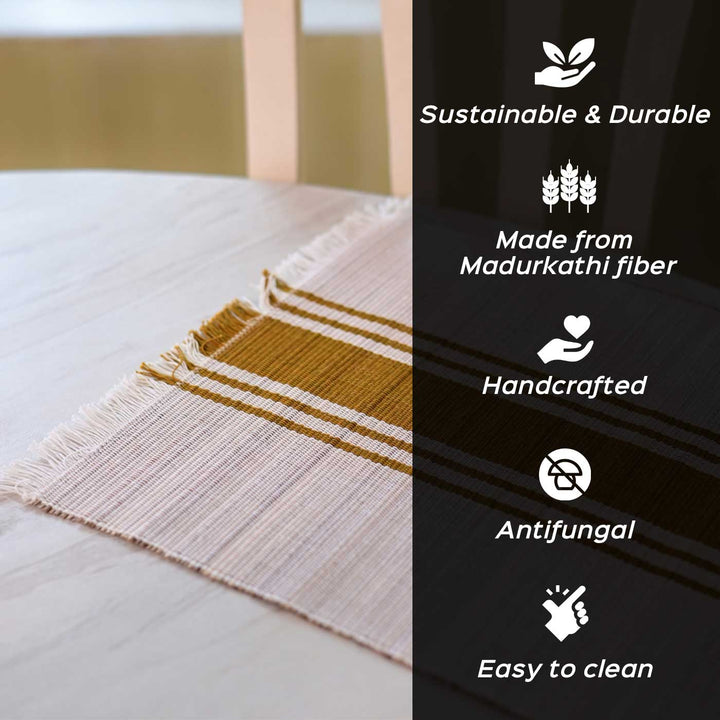 Hand Woven Double Striped Madhurkati Grey Table Mat | 15 x 11 inch