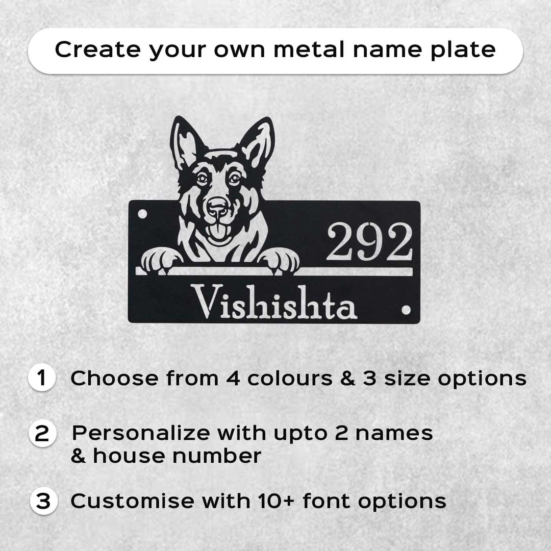 Personalized Weatherproof Artistic Dog Theme Metal Name Plate - Front View with Personalization Example