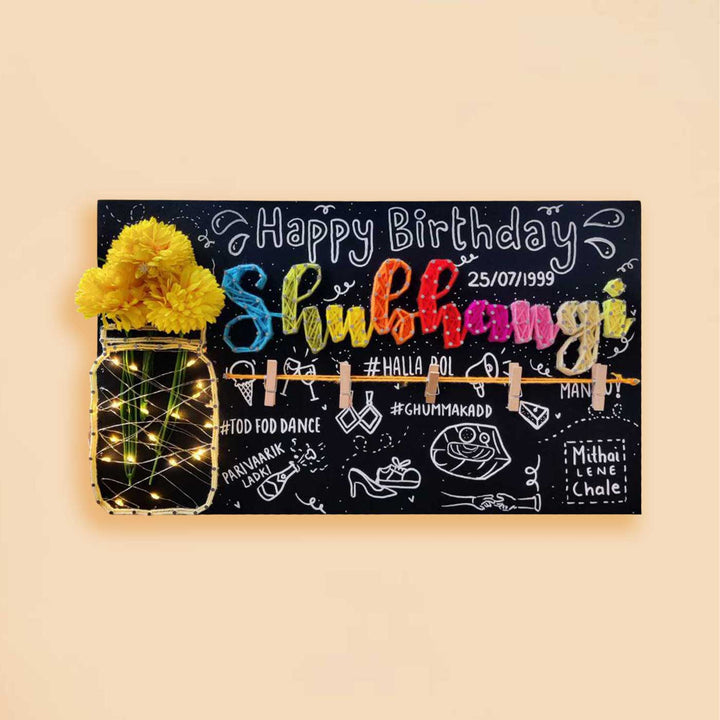 Personalized String Art Floral Jar Mdf Wood Name Plate With Lights - Front View with Floral Decoration