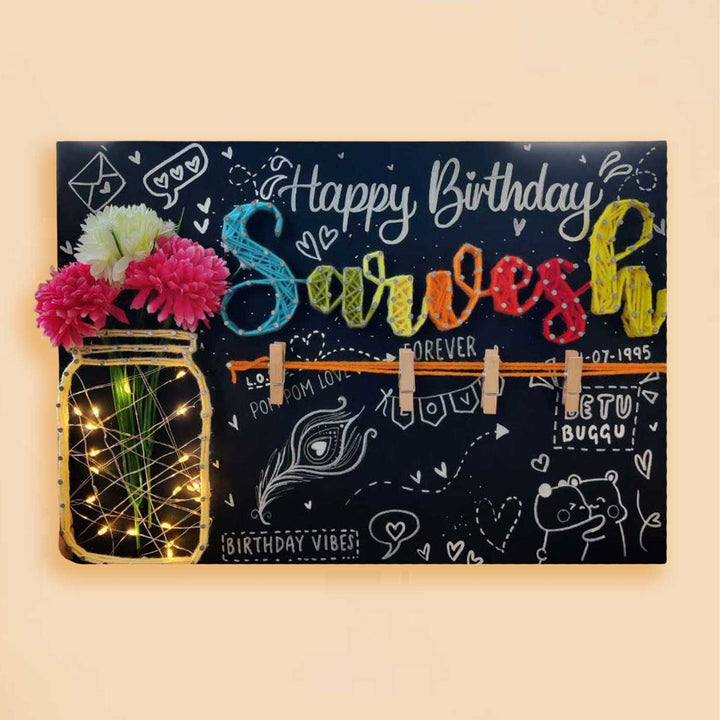 Personalized String Art Floral Jar Mdf Wood Name Plate With Lights - Front View with Personalization and Flowers