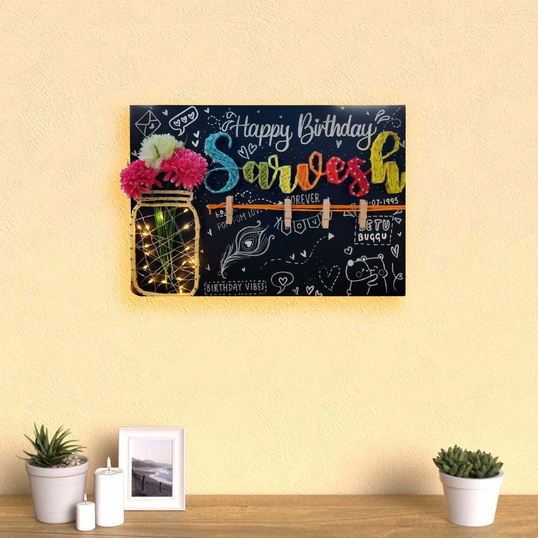 Personalized String Art Floral Jar Mdf Wood Name Plate With Lights - Mounted on Wall with Decor Nearby