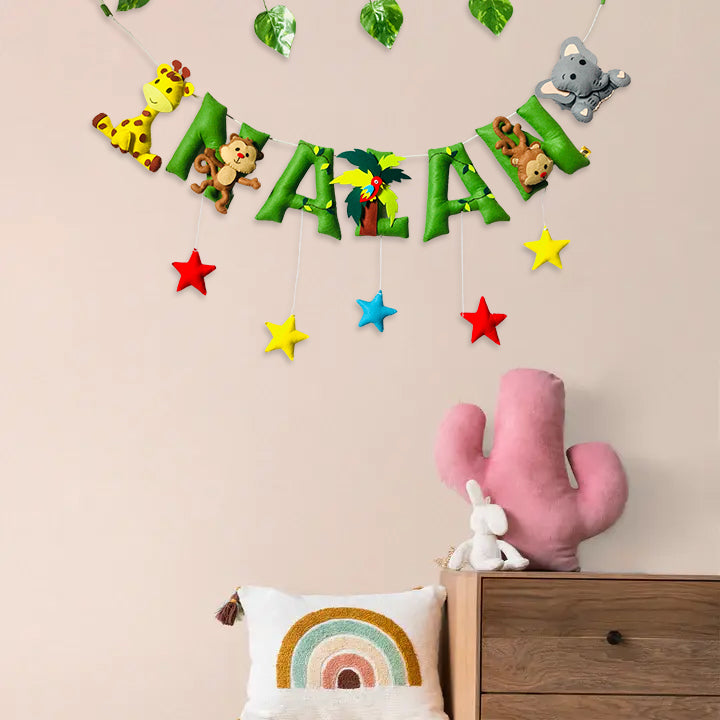 Handcrafted Personalized Jungle Safari Themed Bunting For Kids - Hanging Name Garland Front View