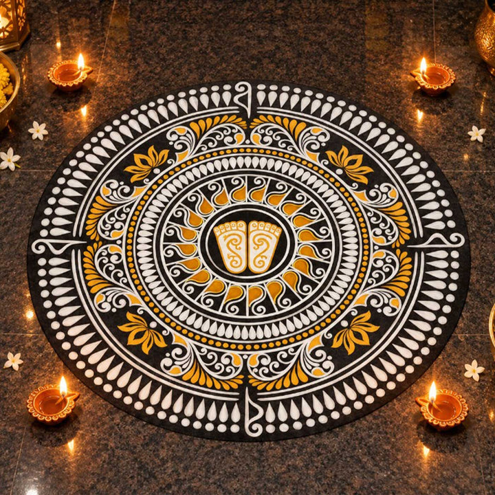 2 Ft Foldable Fabric Reusable Rangoli Mat | Handmade Iraya Circle Kolam | Canvas, Anti-skid, Water-resistant