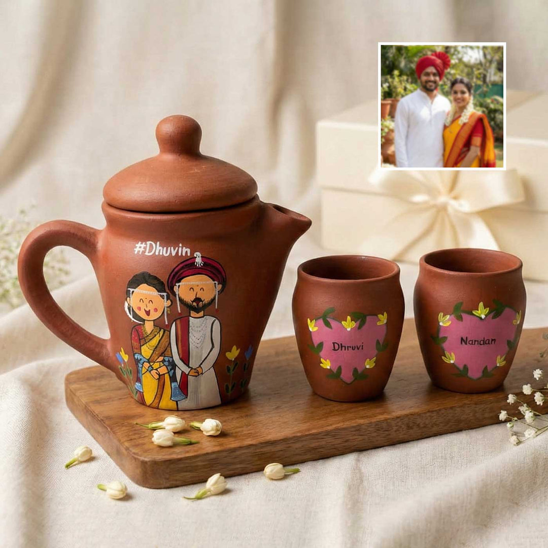 Gujarathi Couple Photo Personalized Handpainted Terracotta Kettle With Two Kulhads Set