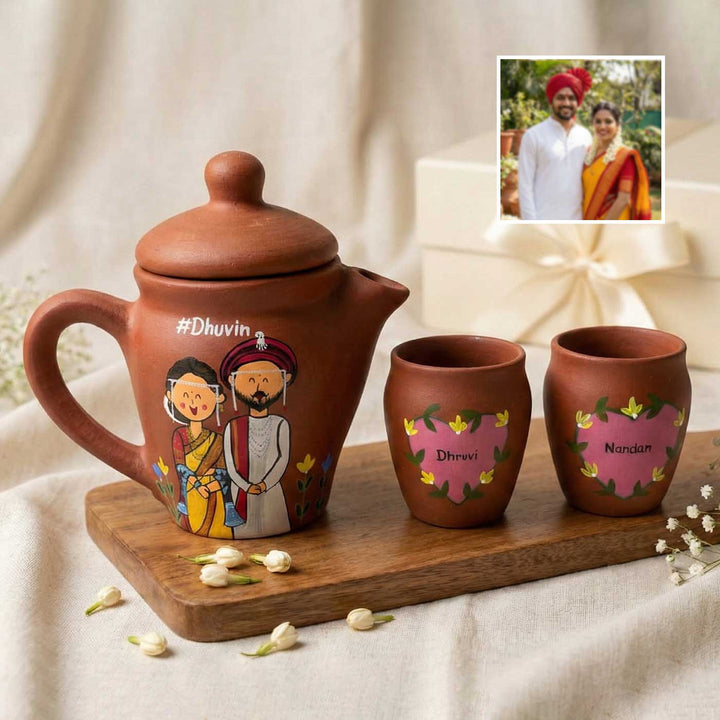 Gujarathi Couple Photo Personalized Handpainted Terracotta Kettle With Two Kulhads Set
