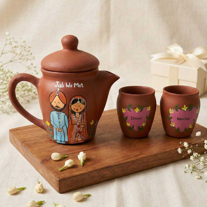 Punjabi Couple Photo Personalized Handpainted Terracotta Kettle With Two Kulhads Set