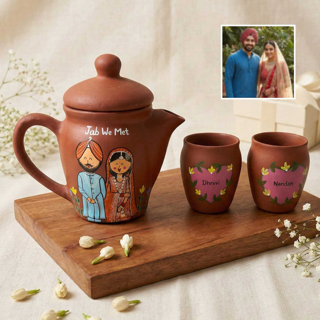 Punjabi Couple Photo Personalized Handpainted Terracotta Kettle With Two Kulhads Set