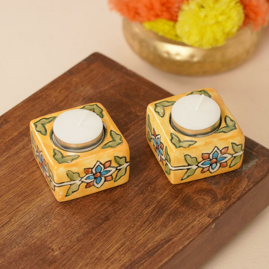 Hand-Painted Floral Theme Ceramic Tealight Holders | Set Of 2