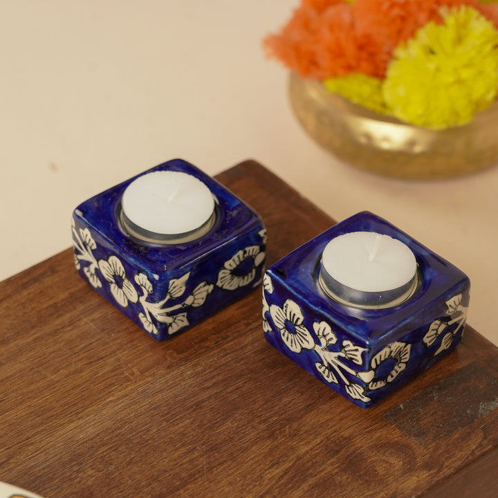 Hand-Painted Floral Theme Ceramic Tealight Holders | Set Of 2