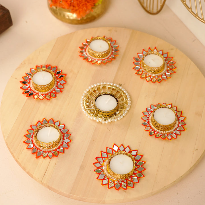 Handmade Mirror Work Red Tealight Holders | Set Of 7