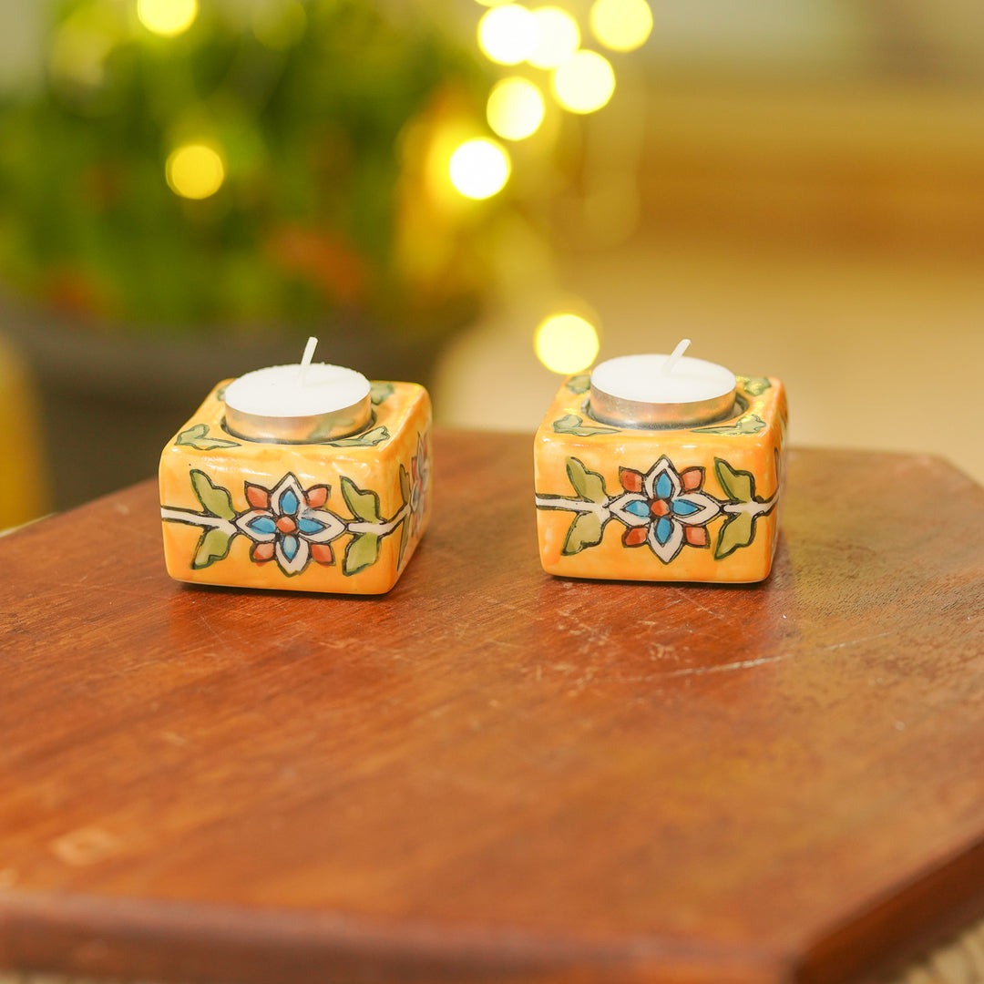 Hand-Painted Floral Theme Ceramic Tealight Holders | Set Of 2