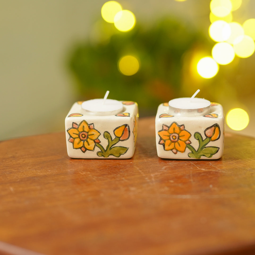Hand-Painted Floral Theme Ceramic Tealight Holders | Set Of 2