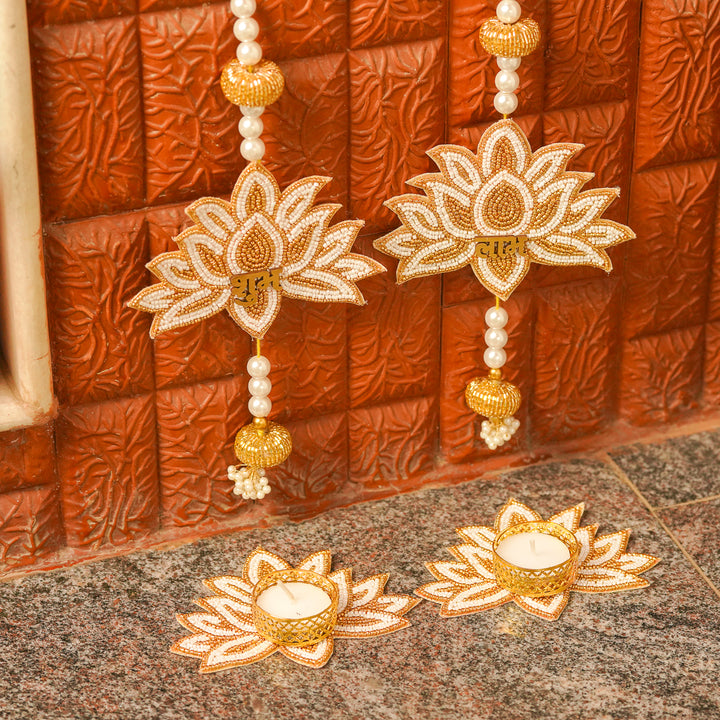 4pc Set | Handmade Beaded White & Golden Lotus Diwali Decor | 2 Hangings + 2 Tealight Holders